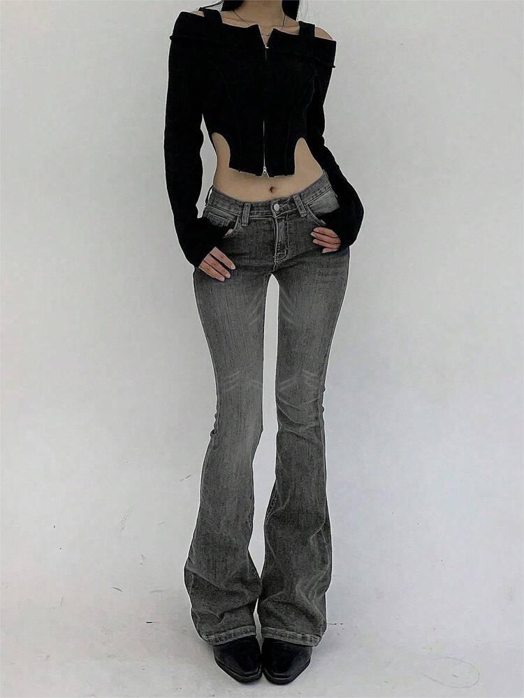 Women's Slim Fit Low Waist Flare Leg Long Denim Jeans, Suitable For All Seasons