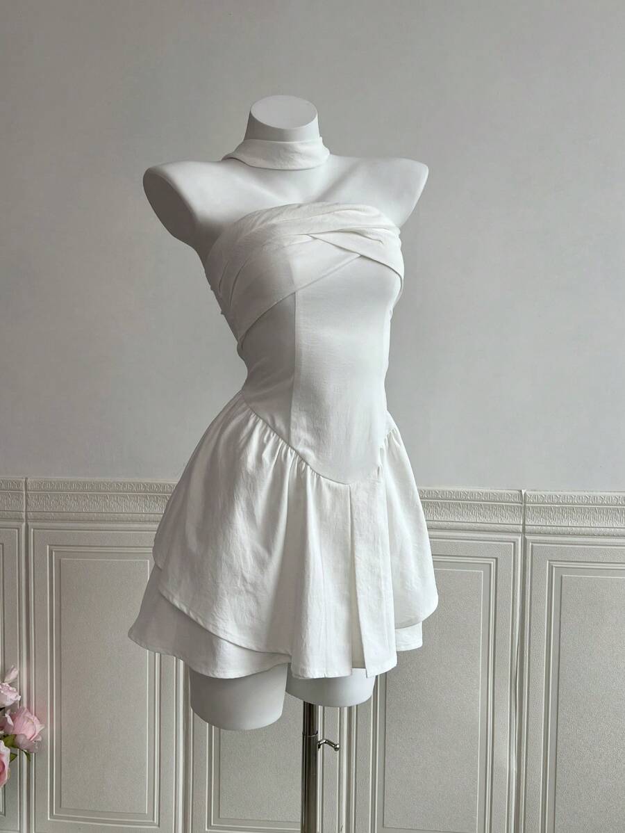 SHEIN Unity Váy Mini Không Dây Màu Trơn Cho Nữ, Thời Trang Mùa Hè - trắng - Xem 1