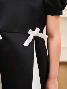 Tween Girls' Elegant Colorblock Puff Sleeve Bow Decor A-Line Dress - Black - View 7