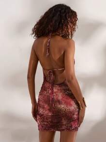 Opulessa Robe courte ajourée imprimée sans dos à encolure montante pour femmes