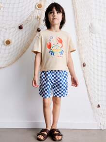 SHEIN Young Boys Summer Ocean Theme Print T-Shirt And Plaid Shorts Sets,Home, Vacation, Everyday Wear, - Multicolor - View 3