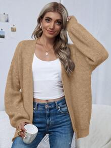 SHEIN Clasi Cárdigan largo de punto de unicolor holgado para mujer - Caqui - Ver 3