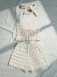 Sweetra Bộ 2 áo vest cổ tròn màu xanh lá cây giản dị dành cho nữ và quần short rộng rãi, Xuân/Hè - Màu be - Xem 2