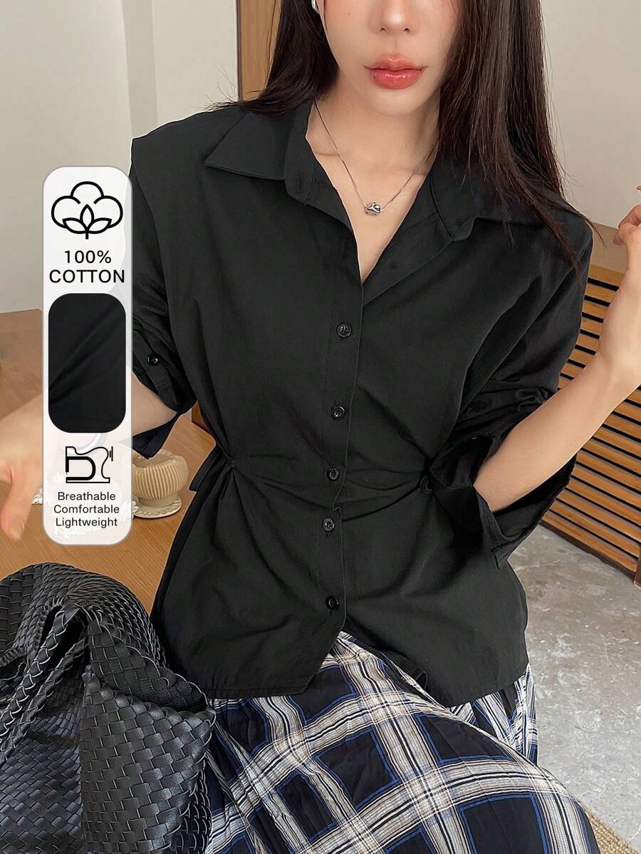 DAZY 女士束腰侧系带长袖衬衫 - 黑色 - 查看 1