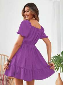 Breezaya Square Neck Shirred Ruffle Hem Dress Vacation Beach Outfits Women - Purple - View 2