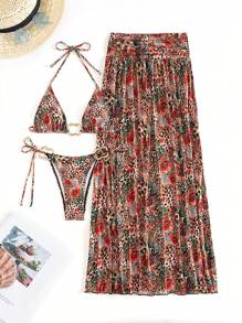 SHEIN Swim 3 pezzi set da bagno: top a triangolo senza ferretto con stampa casuale, pantaloncini da bagno con lacci laterali e pareo lungo in rete, costume da bagno da donna per vacanze estive in spiaggia