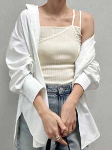 FRIFUL Women Beige Fitted Cropped Asymmetrical Camisole - White - View 6