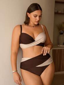 Swim Vcay Conjunto de traje de baño con aros para tallas grandes con bloques de color para vacaciones