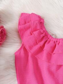 2pcs Girls' Casual Outfit: Sleeveless Wave Pattern One Shoulder Top And Digital Floral Print Denim Shorts Set, Spring/Summer - Hot Pink - View 8