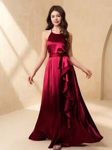 SHEIN High-End Flower Girl Halter Neck Satin Layered Ruffle Hem A-Line Long Formal Dress, Suitable For Weddings, Galas, Birthdays, Prom, Performances - Burgundy - View 6