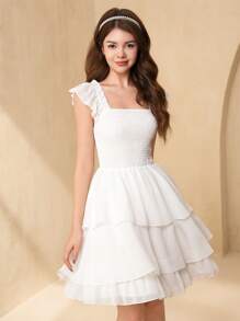 SHEIN 少女方领褶袖层叠下摆连衣裙，优雅派对婚礼宾客小伴娘礼服