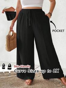 SHEIN CURVE+ Outfits casuales de playa de verano para mujer de talla grande, pantalones anchos elegantes de negocios y viajes con bolsillos, color rosa loto, pantalones de verano para vacaciones de playa, campo o país