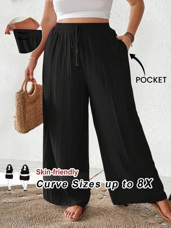 SHEIN CURVE+ Plus Size Women Summer Casual Beach Fashion Business Commute Elegant Wide-Leg Pants With Pockets, Country/Beach Vacation