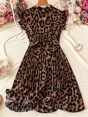 Calvaya Leopard Muster Geraffte Taille Stehkragen Urlaubskleid
