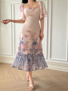 DAZY Vestido midi con cuello cuadrado de gasa con estampado floral diminuto, volantes en el bajo, elegante para el Día de San Valentín y vacaciones - Azul - Ver 6