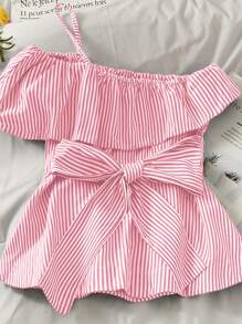 INAWLY Blusa da donna con colletto asimmetrico, righe, balze sul fondo e nodo in vita