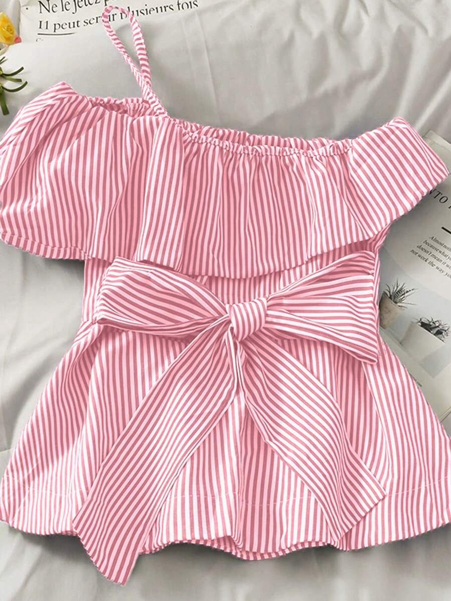 INAWLY Blusa da donna con colletto asimmetrico, righe, balze sul fondo e nodo in vita