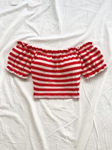 Soleia Bohemian,Boho, Romantic Floral,Vacation, Floral 4th Of July Tops Vacation Tops Crop Sexy Tops For Women Versatile Off Shoulder Ruffle Edge Elastic Striped Cropped T-Shirt, Short Sleeve, Suitable For Graduation Season, Puff Sleeve, Brunch, Boho Style, Easter, Summer, Music Festival, Airport, Vacation, Casual, Red And White Stripes, Beach, Tie/Strap, Ruffled, Old Money Style,Party - Red and White - View 3