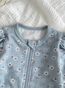Loomiva Newborn Baby Girl Floral Print Soft Knit Ruffled Collar Long Sleeve Romper Jumpsuit - Multicolor - View 4