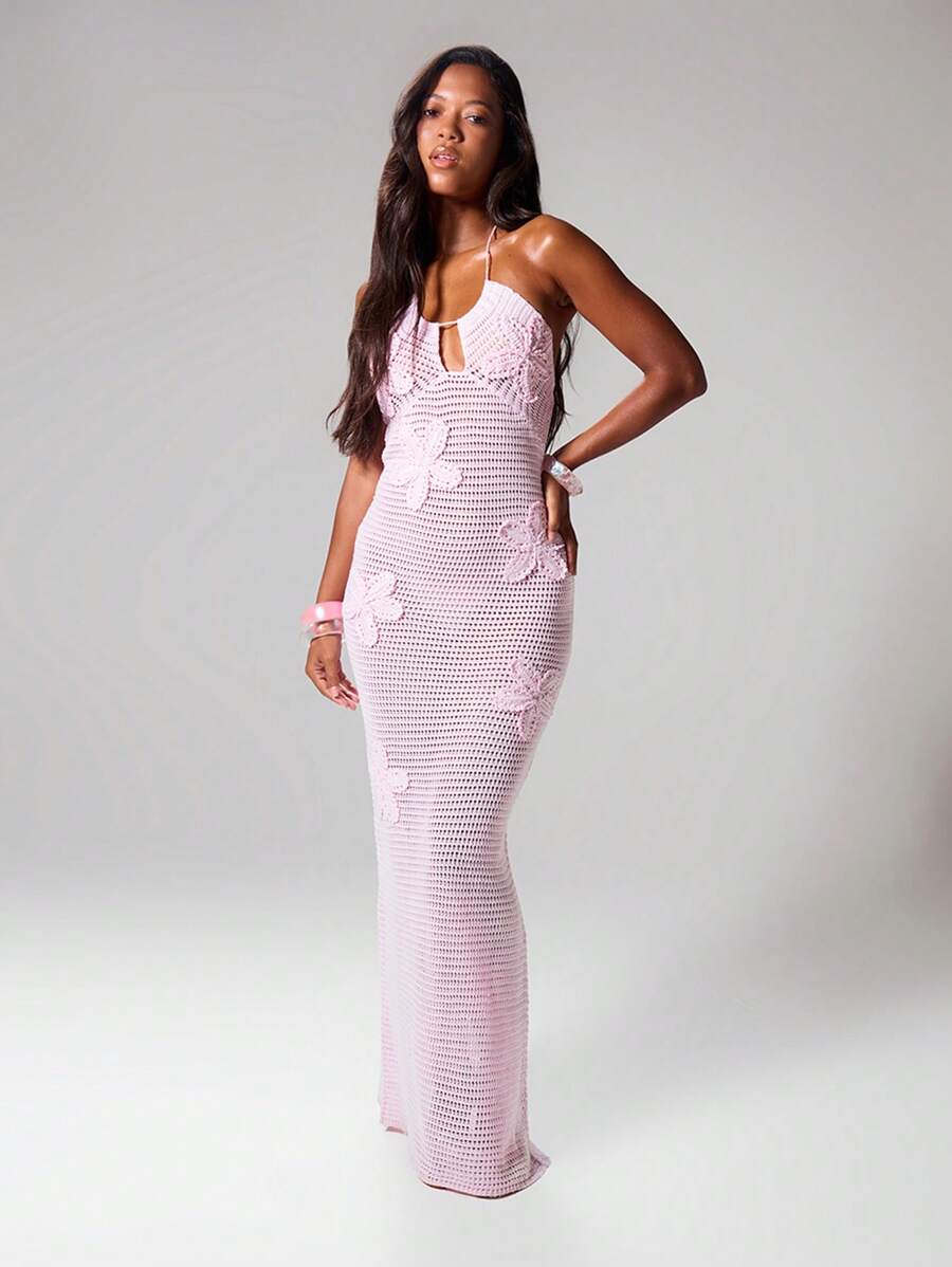 MUSERA Halterneck Crochet Floral Applique Fitted Maxi Dress Ibiza Sexy Vacation Holiday Spring Summer Festival Rave Beachwear Romantic Tequilla Sunrise