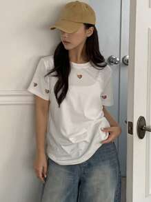 DAZY Women Loose Fit Heart Cutout Short Sleeve T-Shirt, Stylish Design