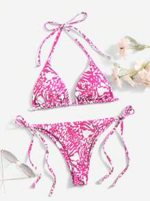 SHEIN Swim Bộ đồ bơi bikini in họa tiết bãi biển nghỉ dưỡng - In ngẫu nhiên - Màu Hồng Tươi - Xem 3