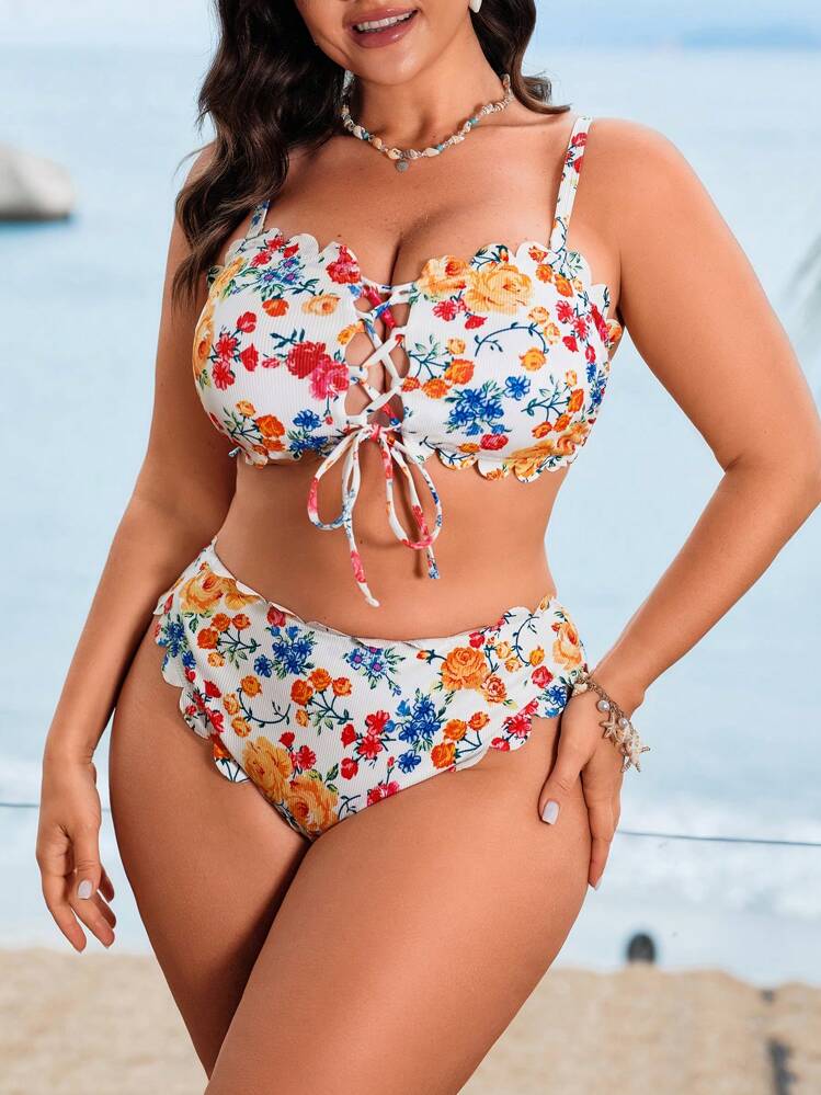 Swim Mod Plus Size Women 2 Pieces Tankini Ditsy Floral Printed Sexy Padded Ruffle Bikini Set, High-End Swimwear For Pool & Spa For Summer Beach Vacation - Multicolor - View 4