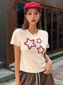 DAZY 星号和标语图案 T 恤我拥有更多我要做一件事 Ve 和 Treca Alled 我想要的你比你知道的更强大 Alwa Better Sido 这里是生活，这里有 Appe 不要忘记你的梦想 Y2k - 米色 - 查看 5