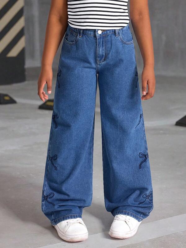 SHEIN Streecool Kids Blugi cu picioare drepte din denim spălat, la modă nouă, pentru fete Tween, cu arc lateral și decor brodat