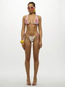 SUMWON WOMEN Crochet Bikini Two Piece Set Summer Beach Pool Resort Swim Top Bottom Striped Triangle Halter Swimwear - Multicolor - View 3