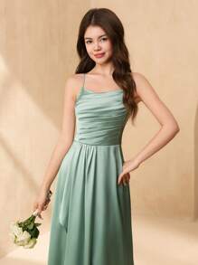 SHEIN Teenage Girls Wedding Bridesmaid Elegant Satin Ribbon Bow V-Neck Ruffled A-Line Long Dress For Prom, Birthday Party, Performance