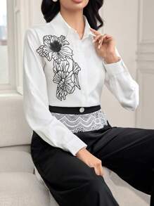 Modelyn Women's Commute Floral Embroidered Single Breasted Long Sleeve Shirt - Multicolor - View 5
