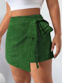 Breezaya Plus Size Women Side Knotted Asymmetrical Hem Casual Skort Faux Denim