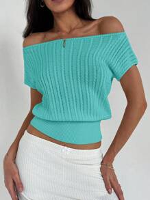 Aloruh 简约优雅露肩针织修腰女式 T 恤，百搭穿着 - 淺藍色 - 查看 6