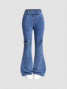 Tween Girls Retro Blue Skinny Flared Jeans, Elastic Waist Multi-Pocket Design Cargo Pants For Summer - Dark Wash - View 1