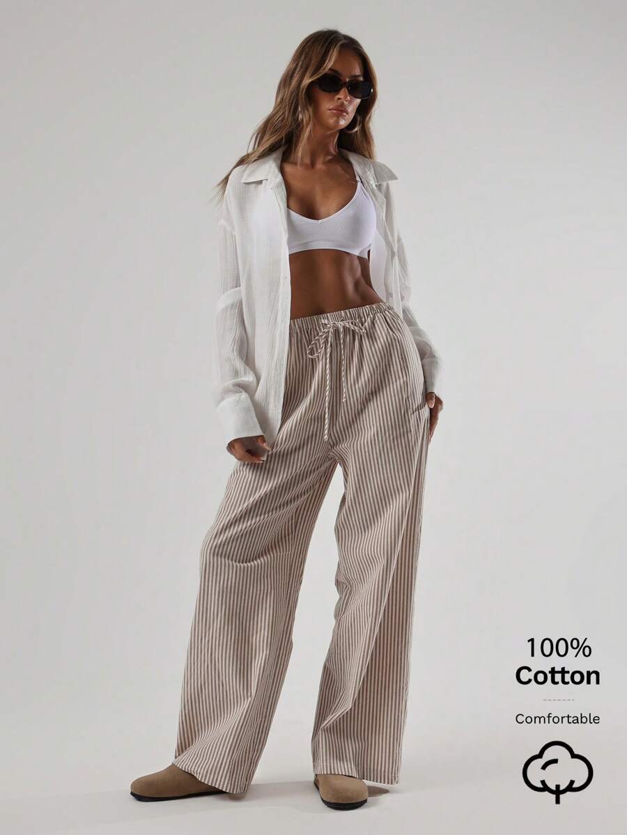 MUSERA 夏季亚麻质感系带腰裤，优雅休闲，适合夏季度假、秋季返校、办公室工作等各种场合。 - 棕色 - 查看 1