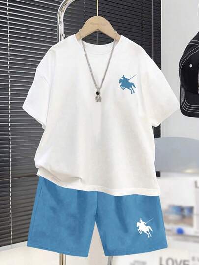 SHEIN Conjunto de 2 piezas para niños preadolescentes, camiseta de manga corta de cuello redondo minimalista informal y pantalones cortos, para verano