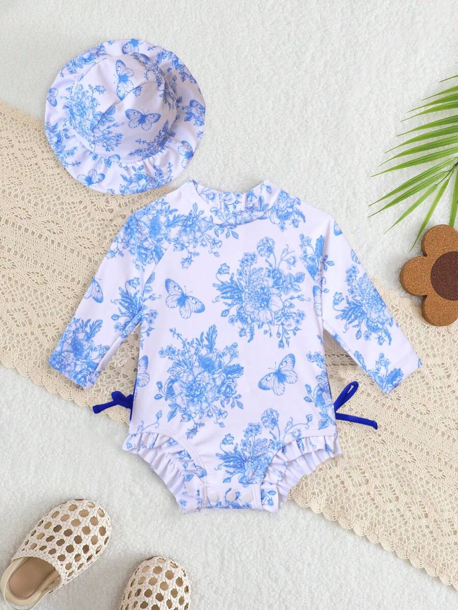 SHEIN Newborn Baby Girls Floral Print Ruffle Trim Long Sleeve One-Piece Swimsuit With Swimming Cap, Suitable For Beach Holiday In Summer - Royal Blue - View 1