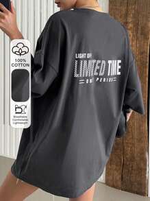 DAZY Letter Graphic Drop Shoulder Tee Summer Oversized T-Shirt Streetwear Preppy Tops - Grey - View 1