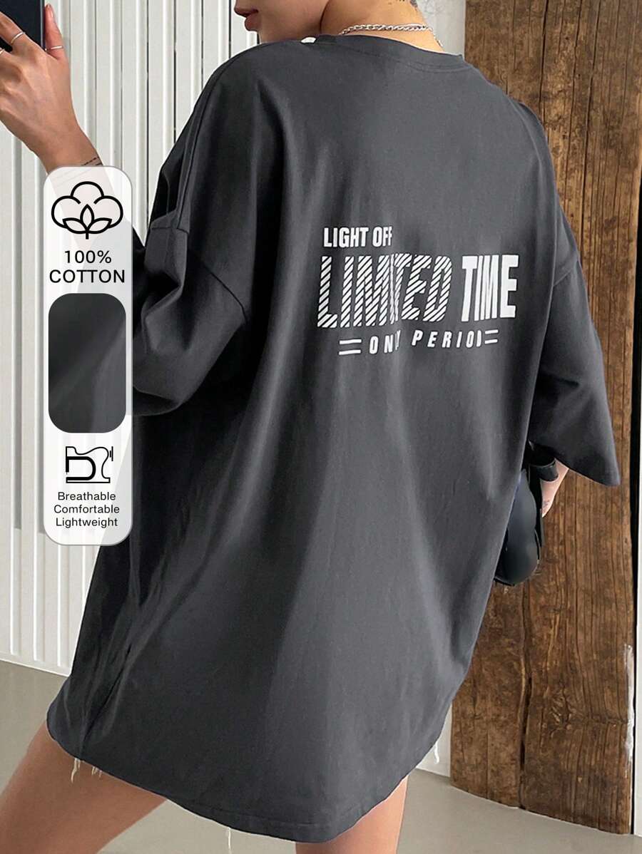 DAZY Letter Graphic Drop Shoulder Tee Summer Oversized T-Shirt Streetwear Preppy Tops - Grey - View 1