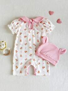 SHEIN Summer Newborn Baby Girl Pink Doll Collar Patchwork White Short Sleeved Cartoon Bear Print Pattern Jumpsuit Shorts And Same Color Bib Paired With Pink Hat Three Pieces Set