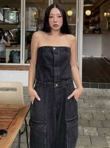 DAZY 女式休闲宽松牛仔连体裤，带口袋 - 藍色 - 查看 6