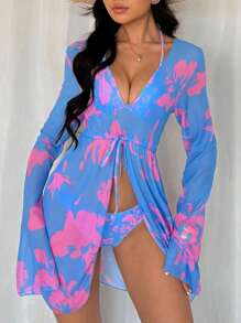 Elenzga Vestido playero informal de 2025 con estampado multicolor aleatorio, cuello en V, cintura alta con cordón, mangas extra largas con puño con abertura, estilo de vacaciones para damas