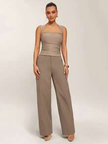 Silquee 女士经典直筒纯色抗皱斜口袋长裤，适合春夏季、日常通勤、职业、休闲约会、办公室穿着、商务休闲 - 駝色 - 查看 7