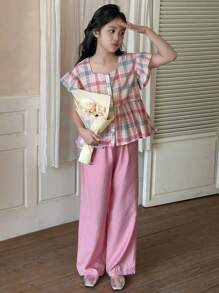 DAZY 2 件套青少年女孩方领格子衬衫 + 长裤，春夏季，返校服装