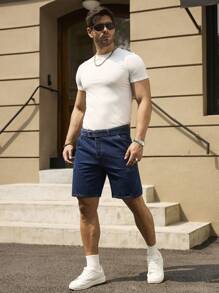 Manfinity Homme Pantalones cortos de mezclilla casuales de unicolor con bolsillo para hombre, apropiados para el verano - Azul lavado oscuro - Ver 3