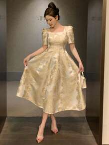 DAZY Floral Print Square Neck Puff Sleeve Midi Dress For Women Prom Dress Elegant Women Dresses - Apricot - View 8