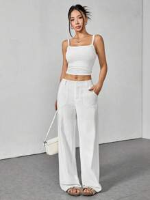 SHEIN PETITE Quần ống rộng lưng thấp màu trơn đơn giản - trắng - Xem 7