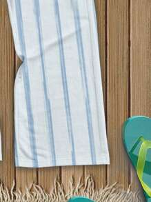 Manfinity KASUA Fashionable Casual Mature Vacation Retro Distressed Stripe Color Block All-Over Digital Print Pattern Standard Size Men's Loose Straight Leg Pants, Ideal For Summer Vacation, Dates, Parties, Couple, Boyfriend Gift - Blue and White - View 2