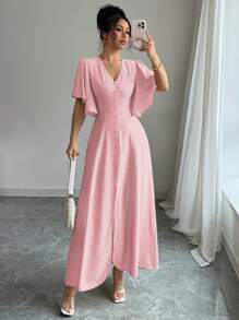 Elenzga Women's Simple Solid V-Neck Cinched Waist A-Line Split Hem Flare Sleeve Dress, Elegant French Style For Casual, Afternoon Tea Party, Vacation, Commute